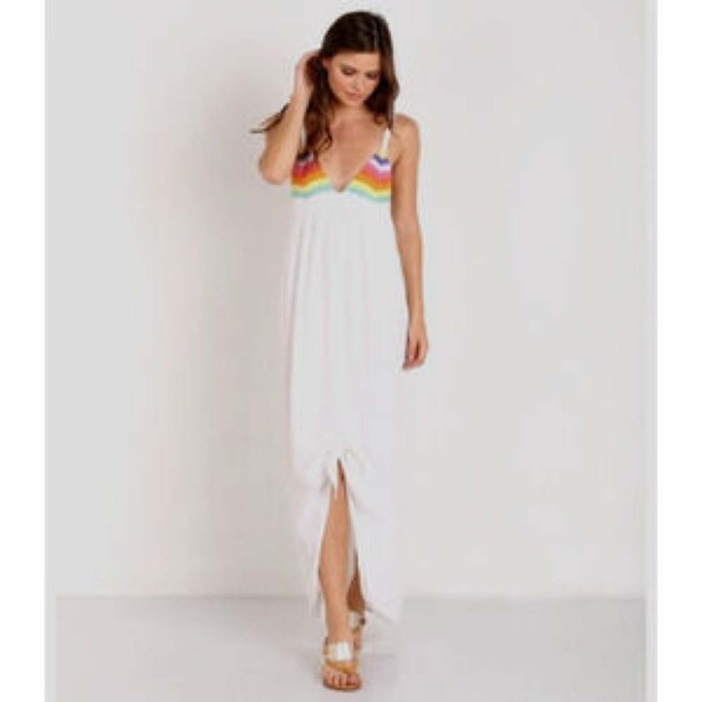 Mara Hoffman Swim White Maxi Dress Beach Cover Up Rainbow Crochet Tie Size M
